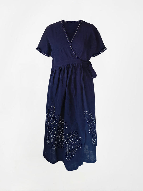 indigenous organic cotton wrap dress blue (large)