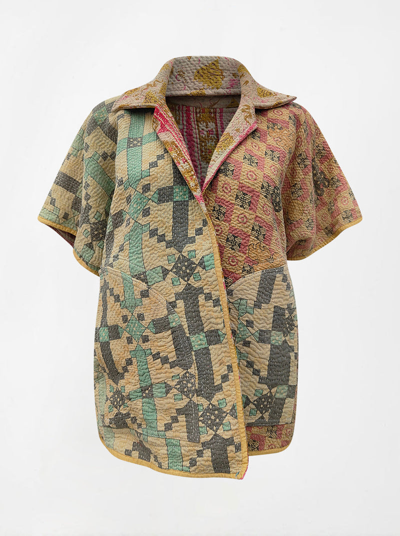 kantha vintage reversible short poncho kiara (shravan)