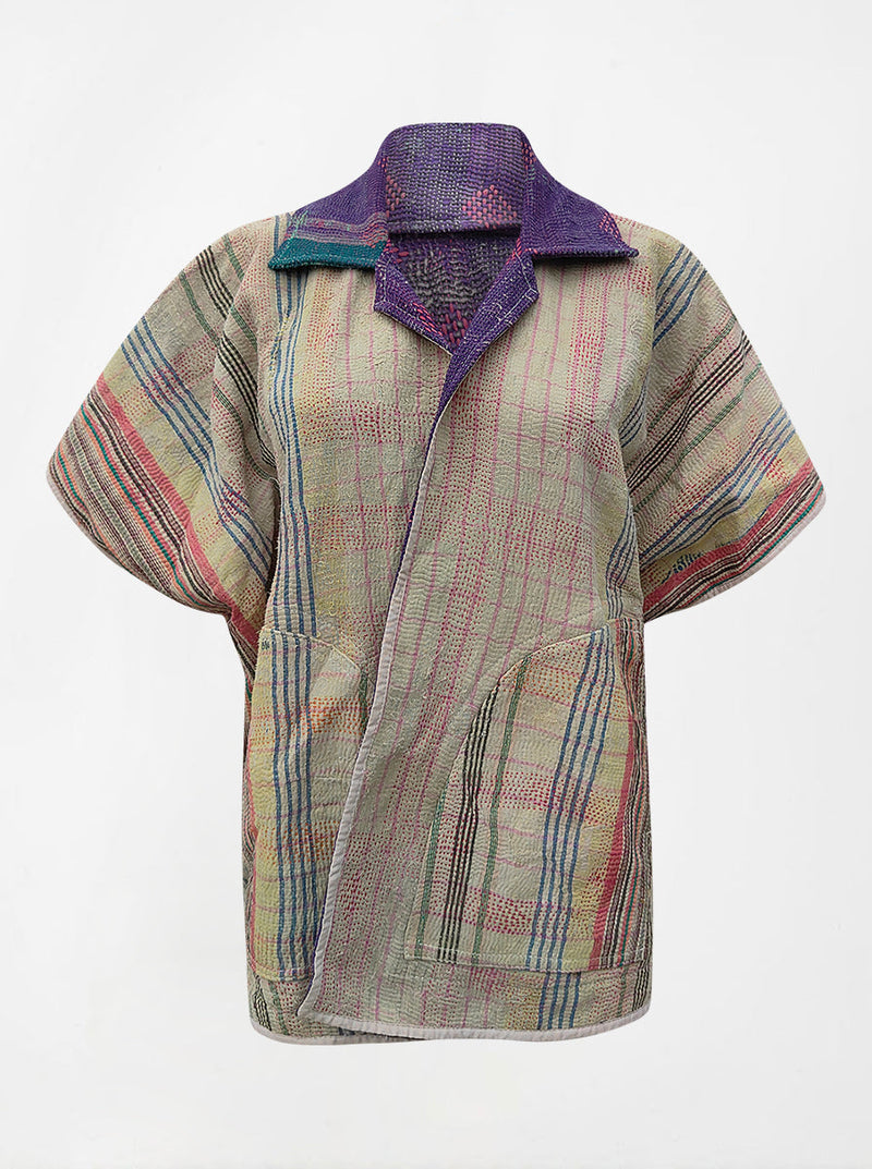 kantha vintage reversible short poncho rekha (shravan)