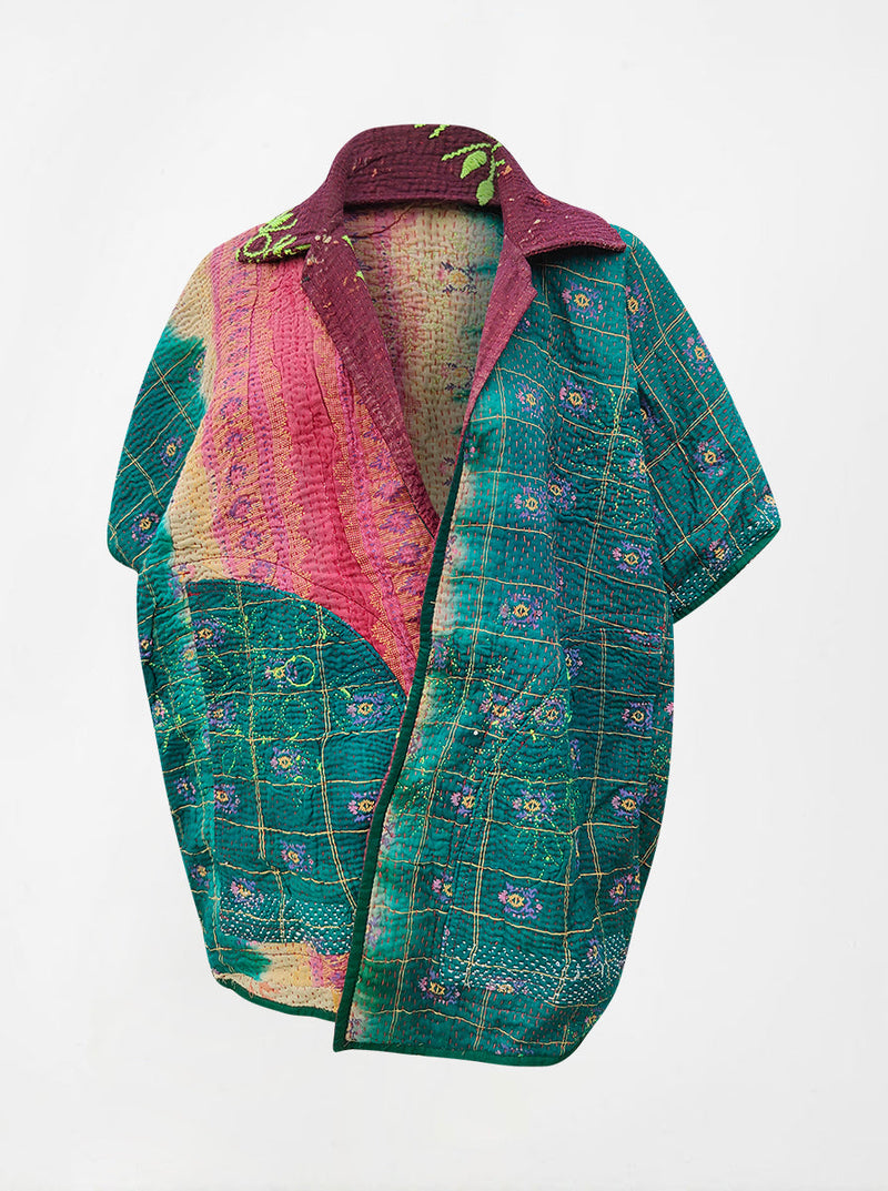 kantha vintage reversible short poncho beena (shravan)